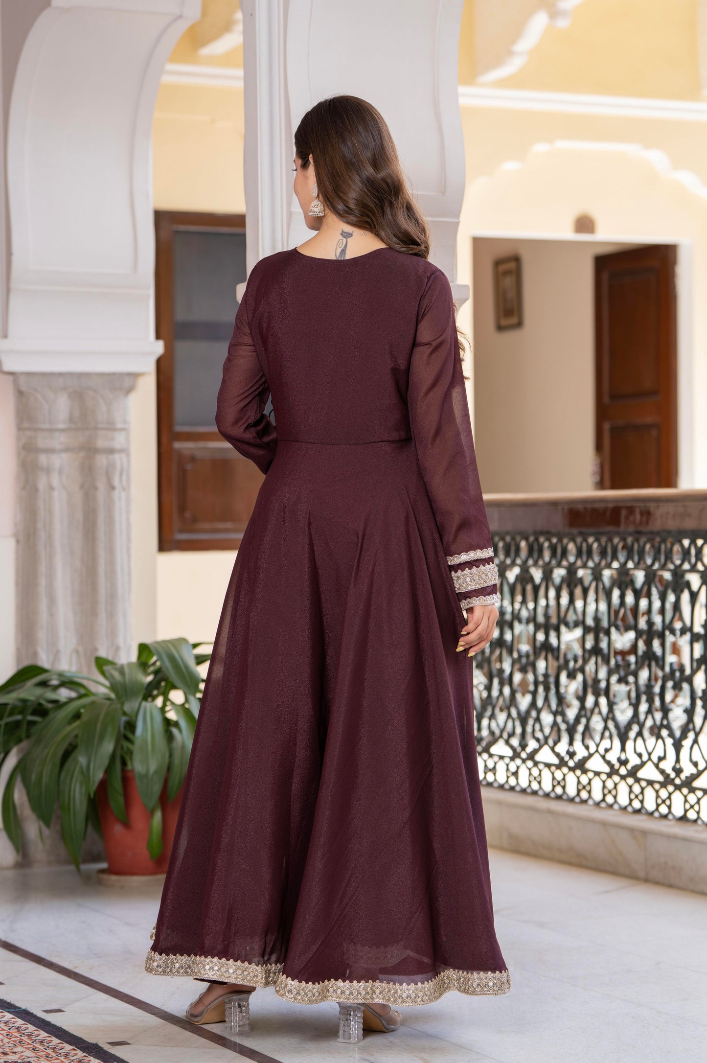 Bellnow Royal Maroon Anarkali Gown with Embellished Dupatta And Pant