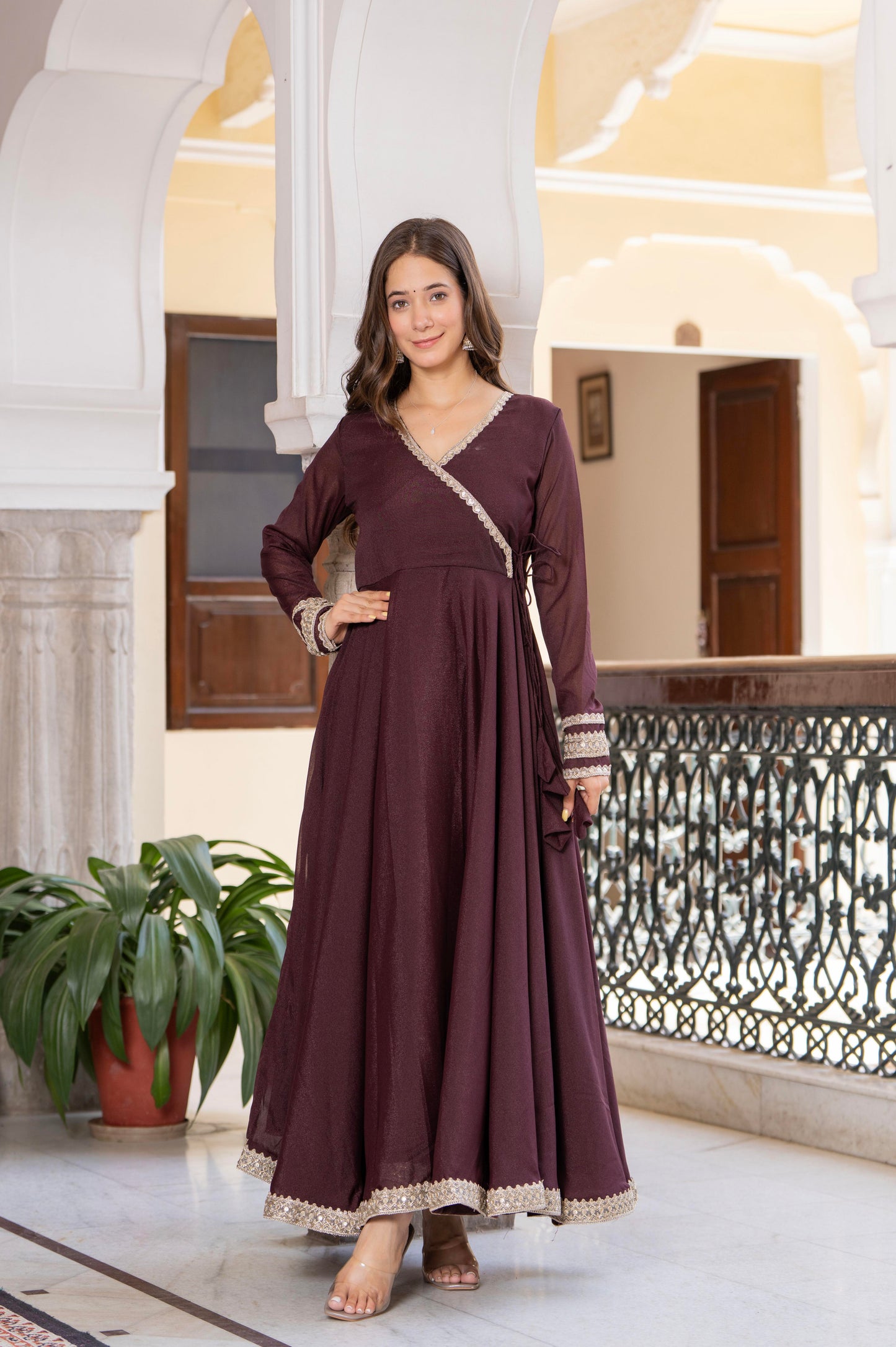 Bellnow Royal Maroon Anarkali Gown with Embellished Dupatta And Pant
