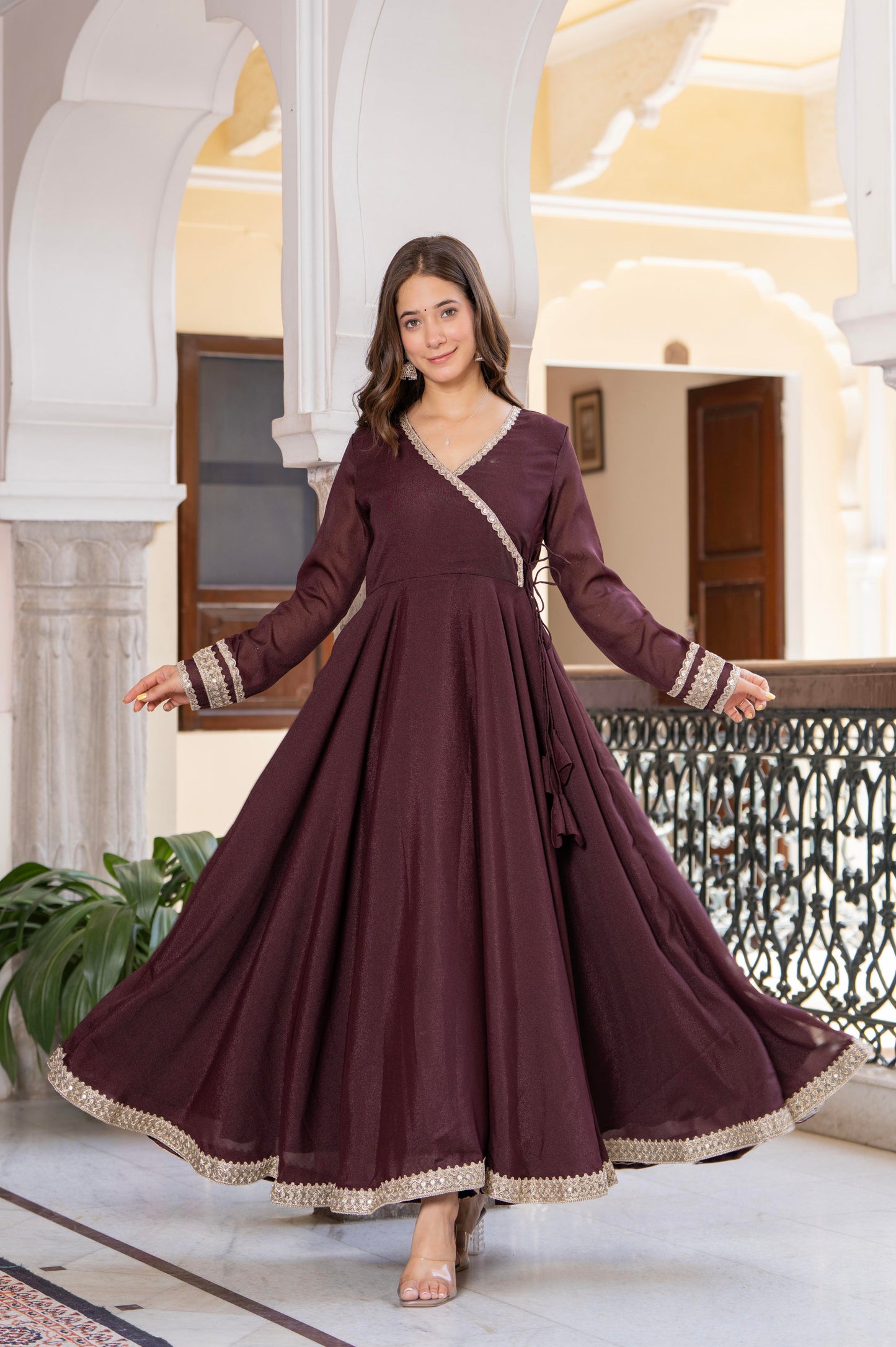 Bellnow Royal Maroon Anarkali Gown with Embellished Dupatta And Pant