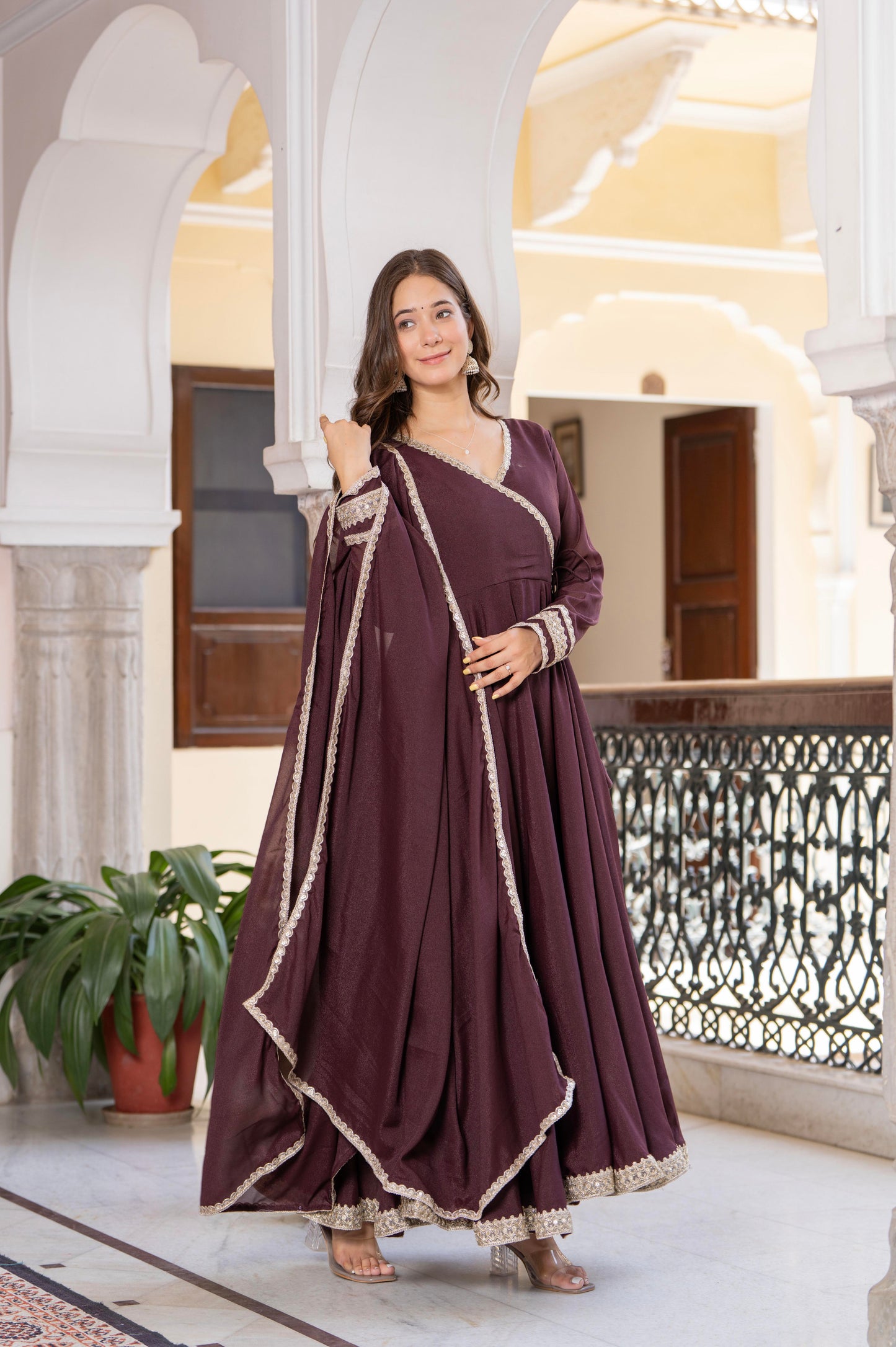 Bellnow Royal Maroon Anarkali Gown with Embellished Dupatta And Pant