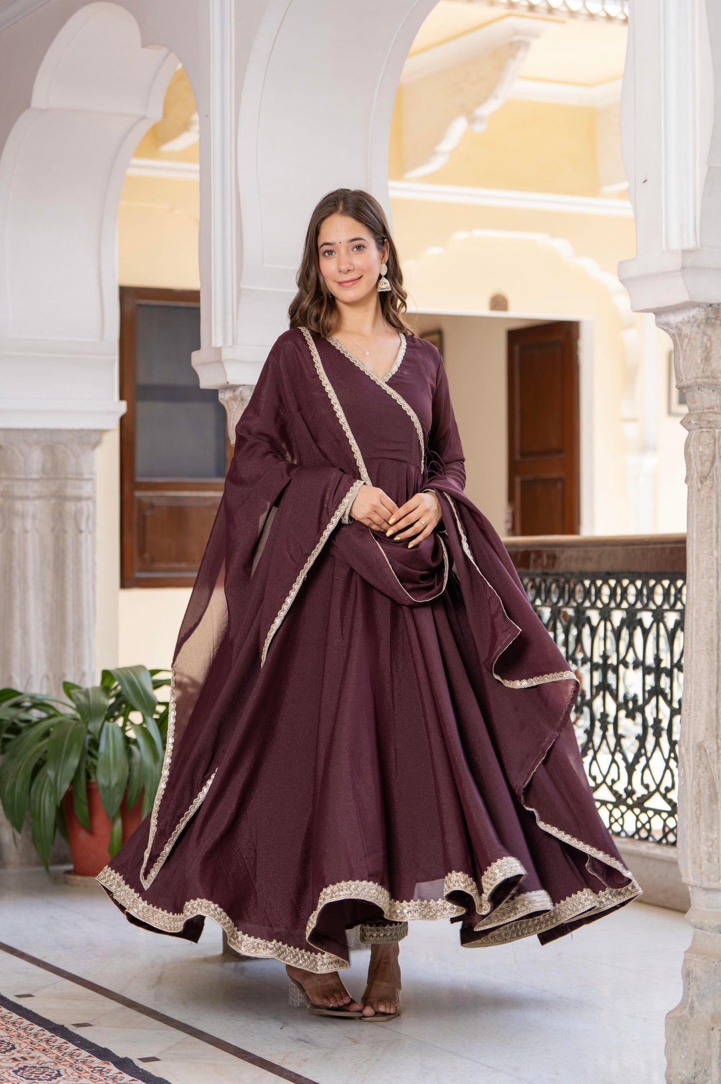 Bellnow Royal Maroon Anarkali Gown with Embellished Dupatta And Pant