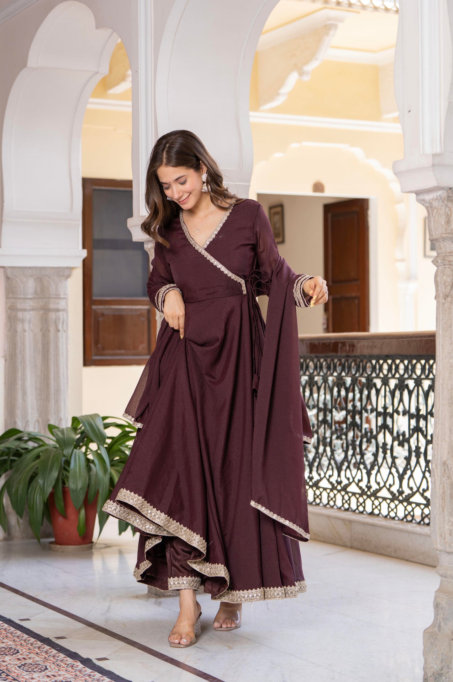 Bellnow Royal Maroon Anarkali Gown with Embellished Dupatta And Pant