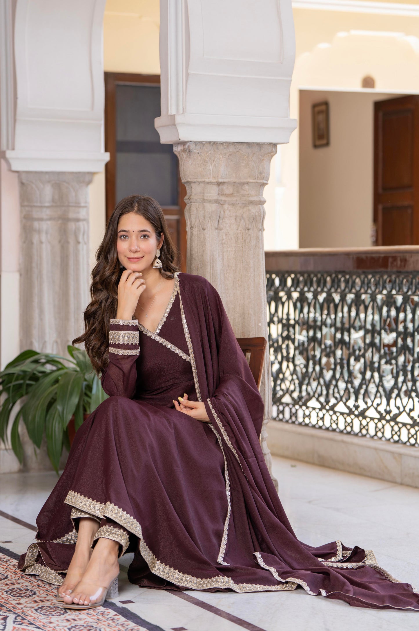 Bellnow Royal Maroon Anarkali Gown with Embellished Dupatta And Pant
