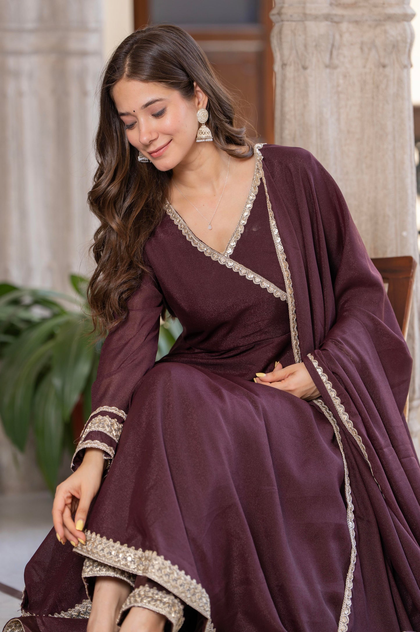 Bellnow Royal Maroon Anarkali Gown with Embellished Dupatta And Pant