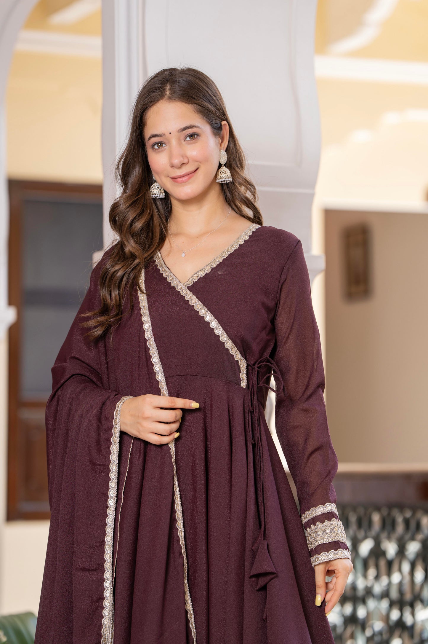Bellnow Royal Maroon Anarkali Gown with Embellished Dupatta And Pant
