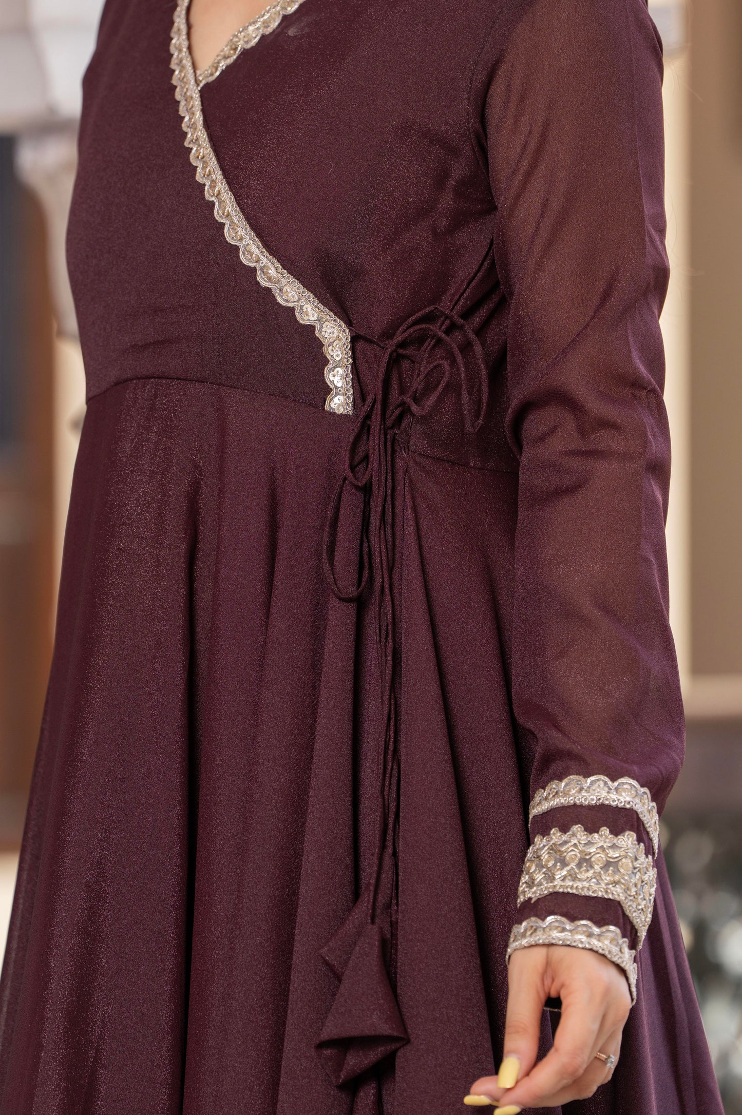 Bellnow Royal Maroon Anarkali Gown with Embellished Dupatta And Pant