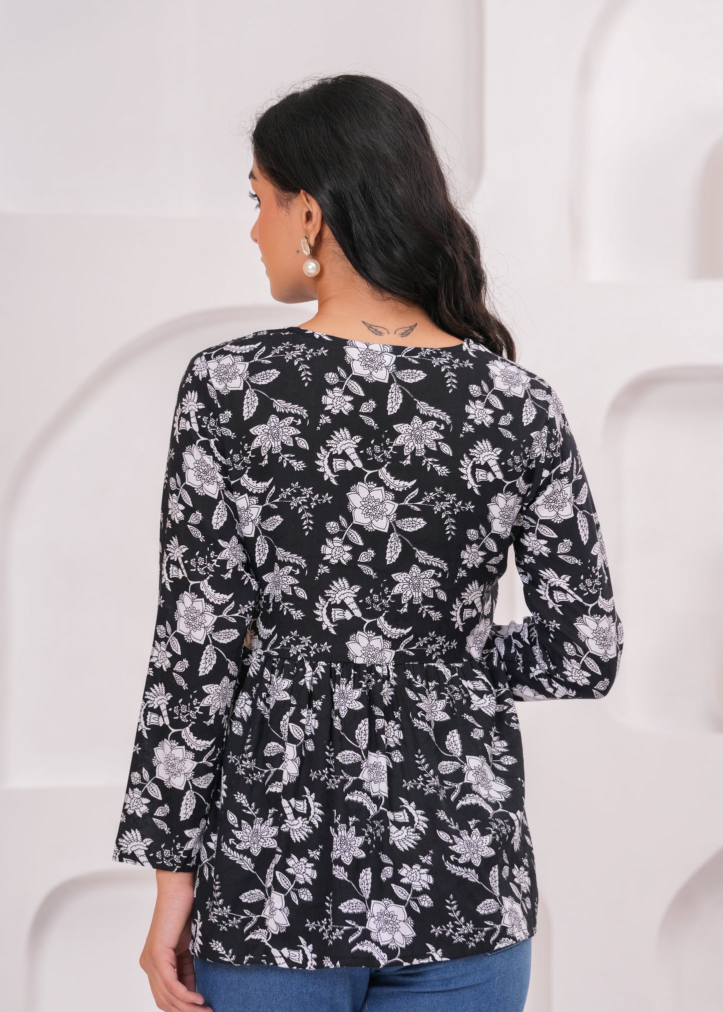 Bellnow Black Floral Printed Flared Top for Women