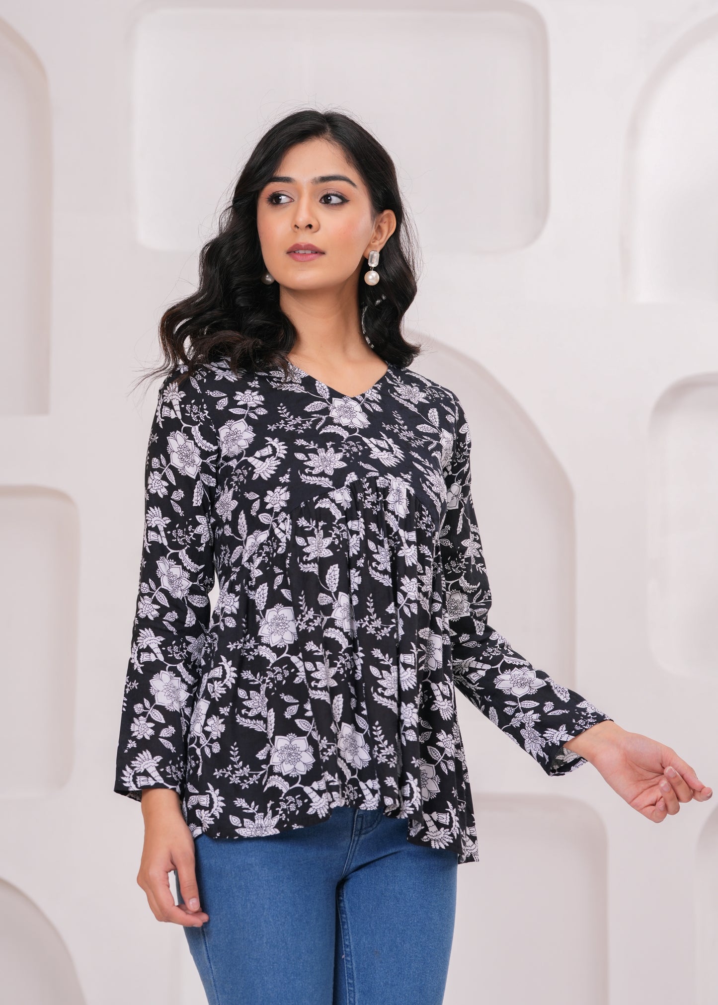 Bellnow Black Floral Printed Flared Top for Women