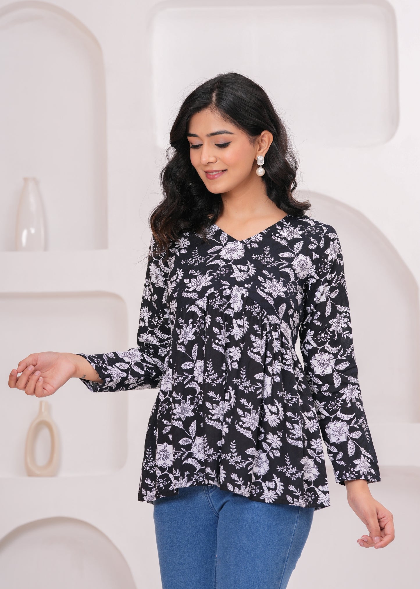 Bellnow Black Floral Printed Flared Top for Women