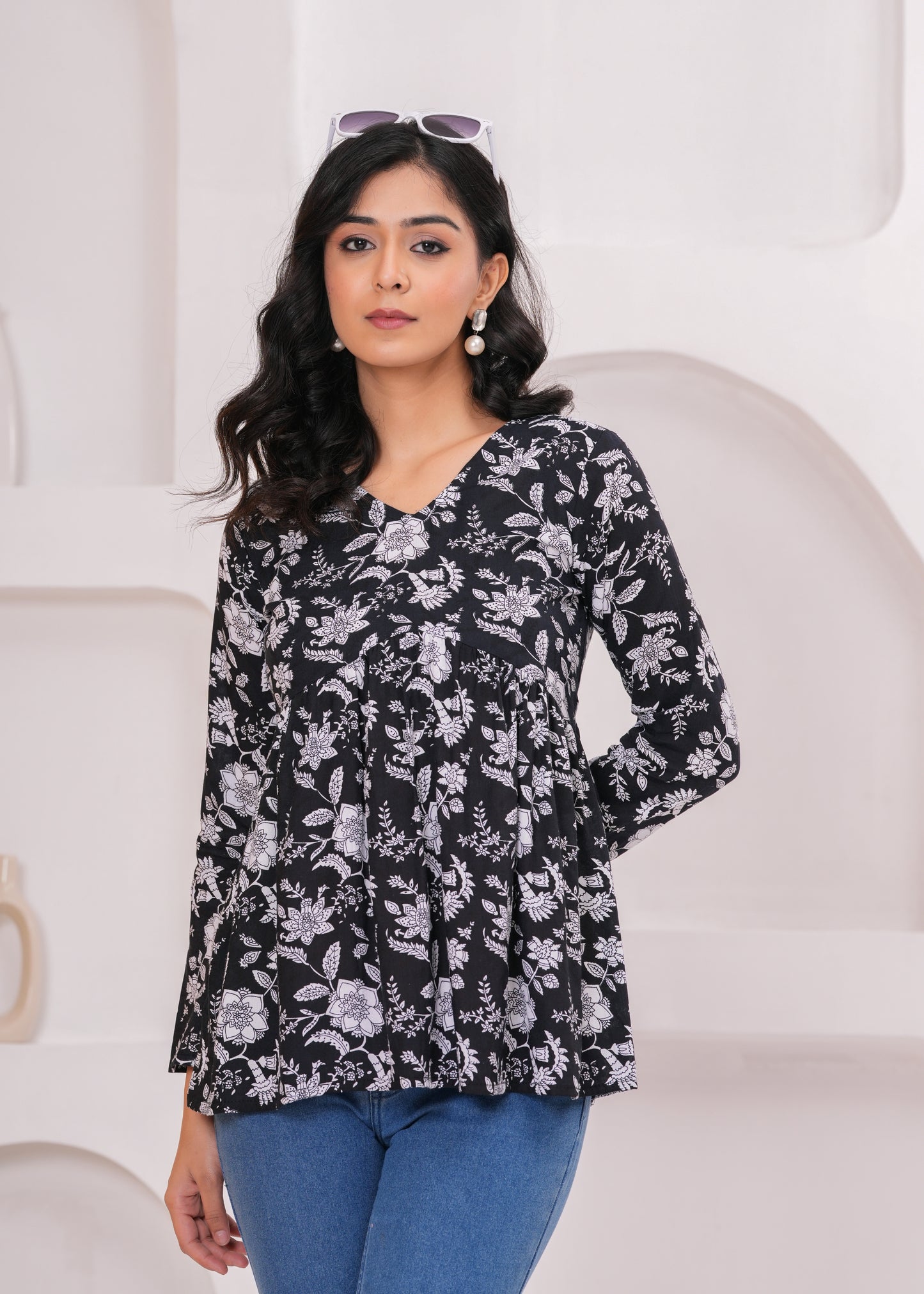 Bellnow Black Floral Printed Flared Top for Women