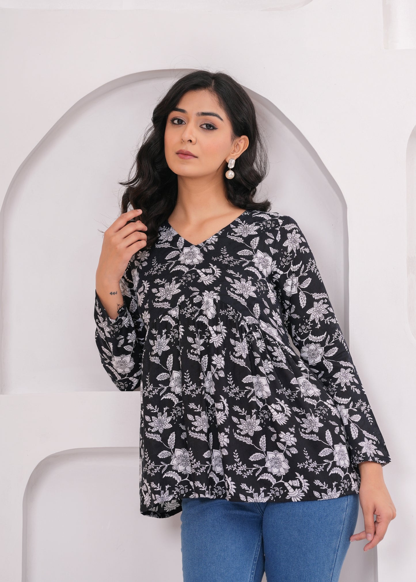 Bellnow Black Floral Printed Flared Top for Women