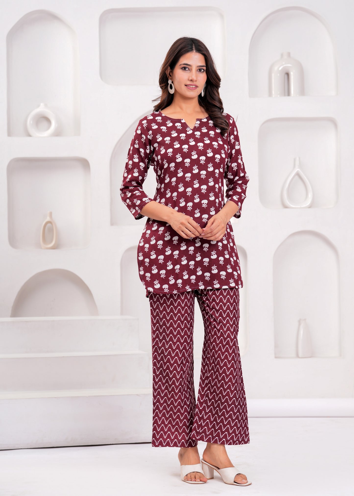 Bellnow Maroon Blossom Cotton Co-Ord Set with Zig-Zag Print Pants