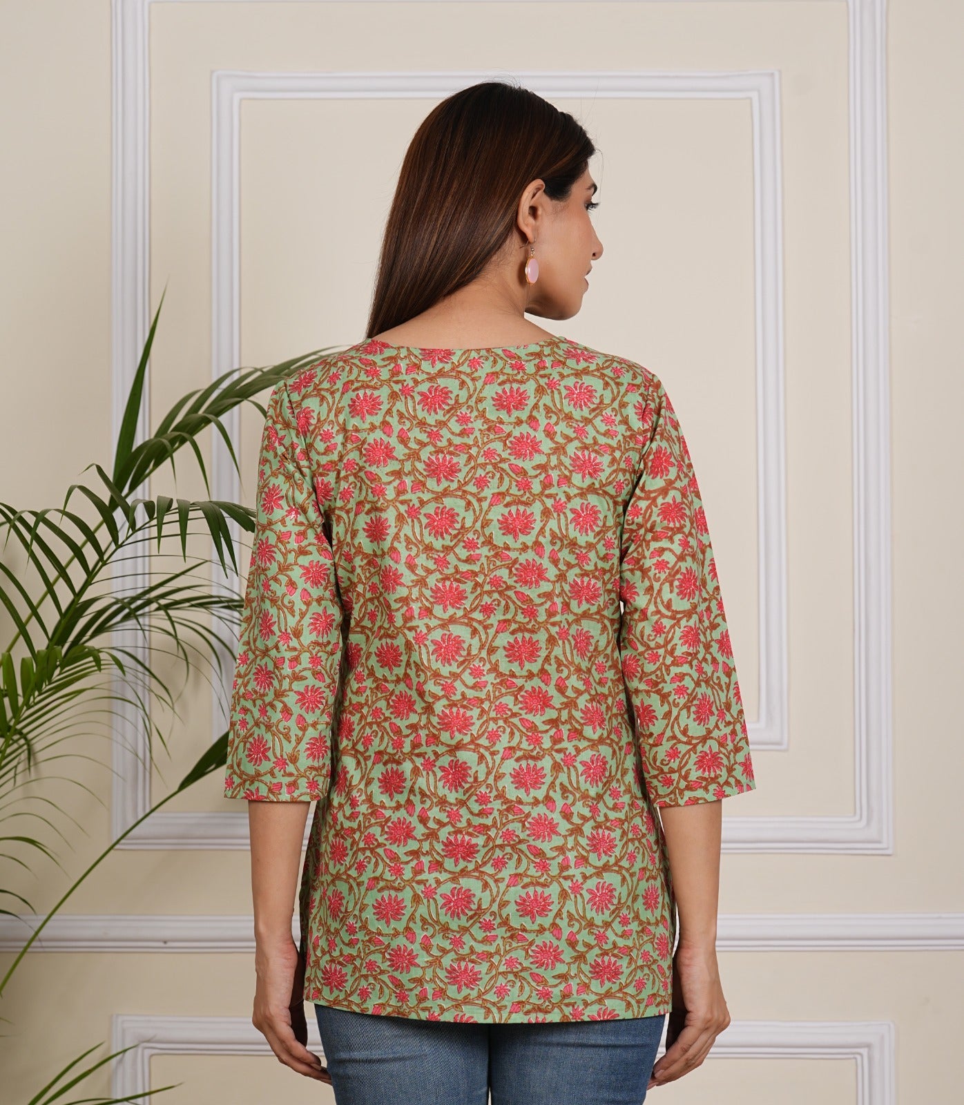 Elegant Olive Green Floral Block Print Short Kurti