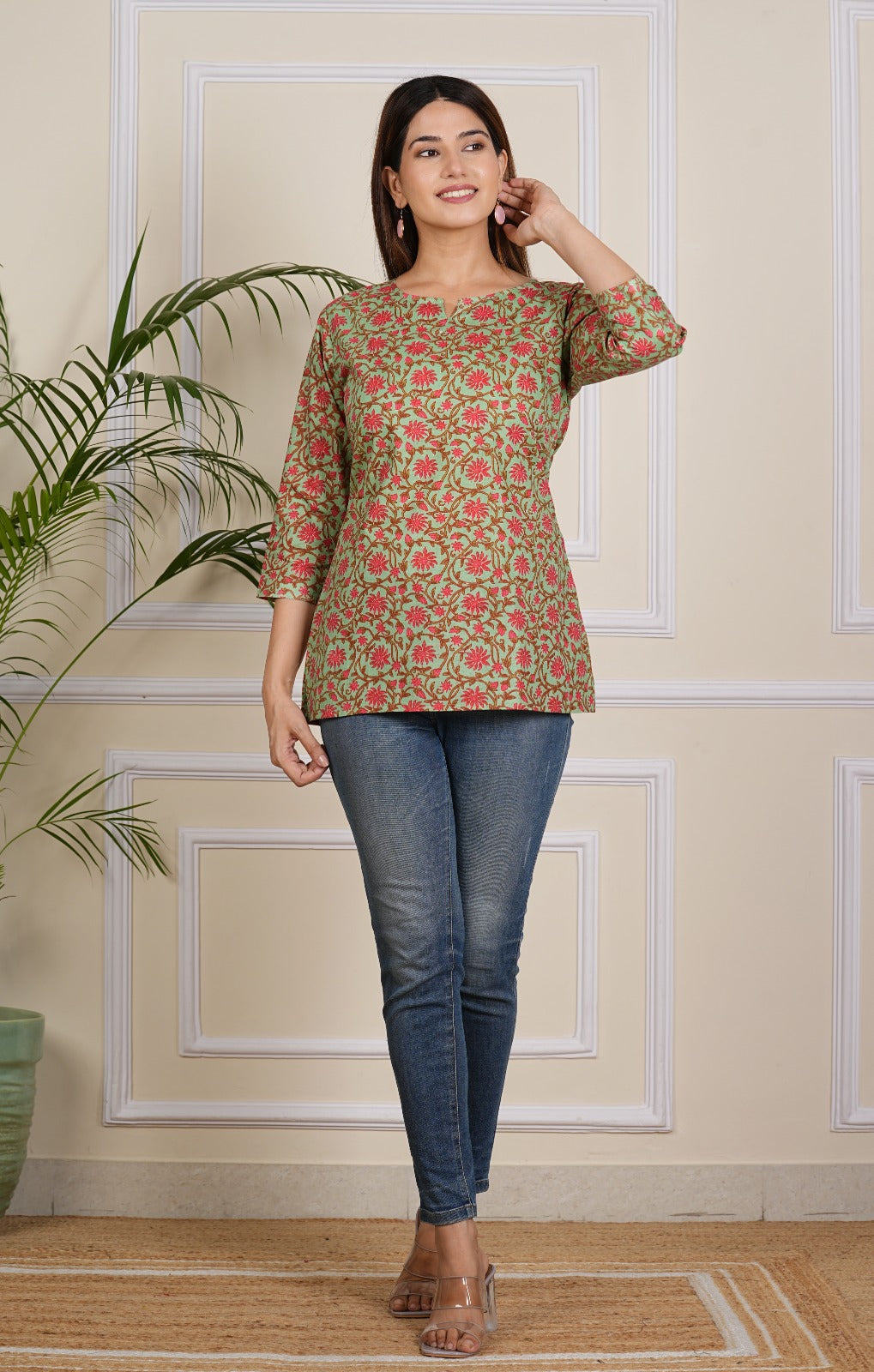 Elegant Olive Green Floral Block Print Short Kurti