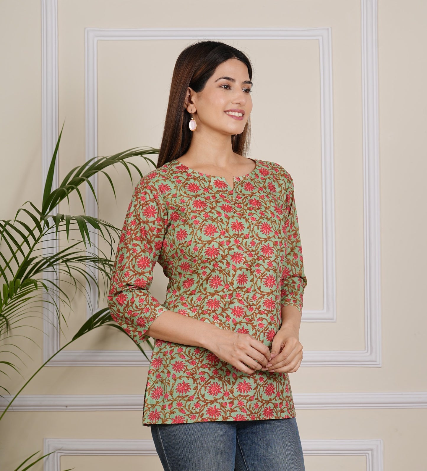Elegant Olive Green Floral Block Print Short Kurti