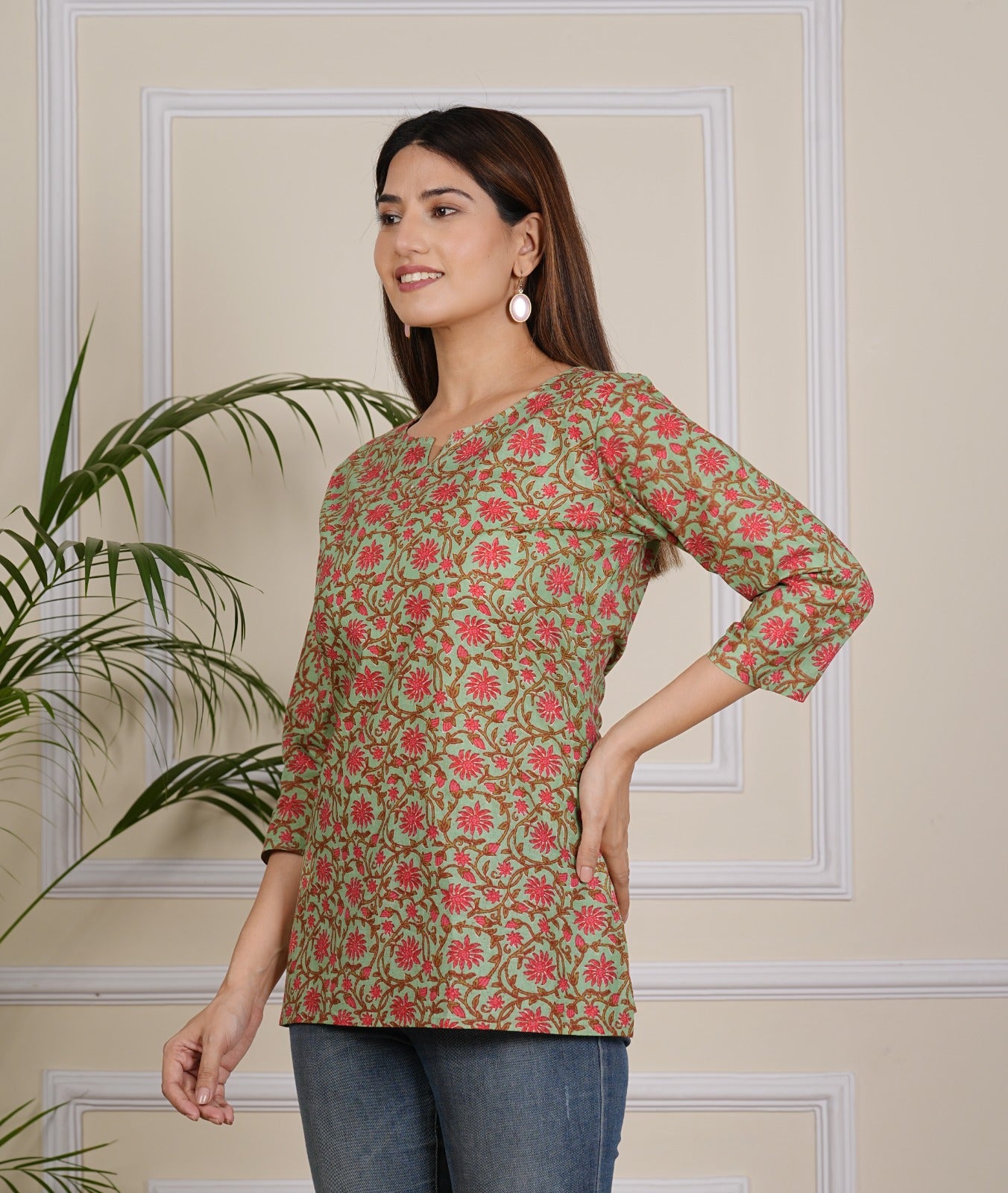 Elegant Olive Green Floral Block Print Short Kurti