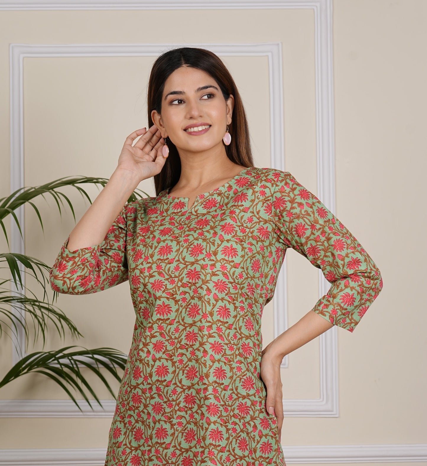 Elegant Olive Green Floral Block Print Short Kurti