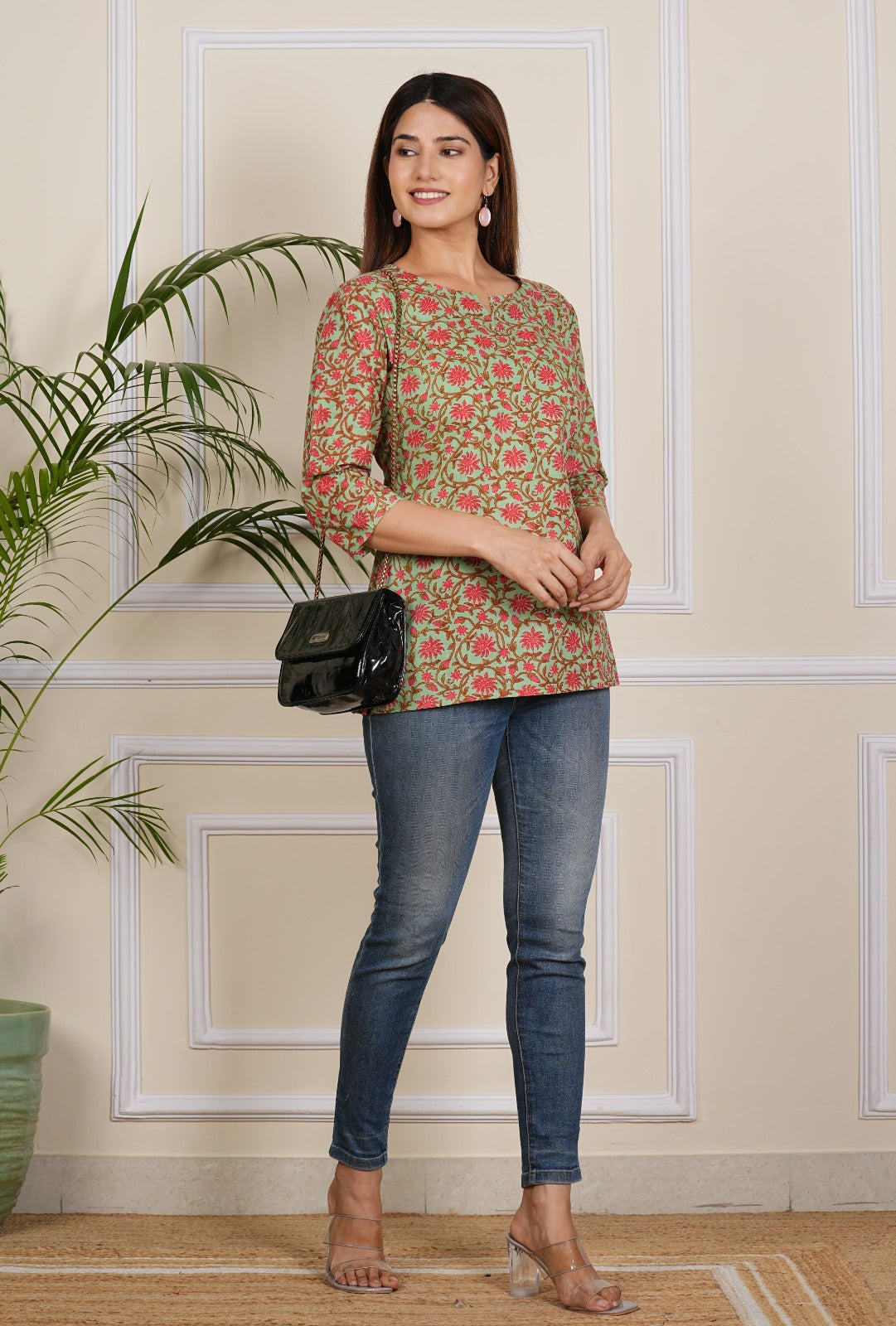 Elegant Olive Green Floral Block Print Short Kurti