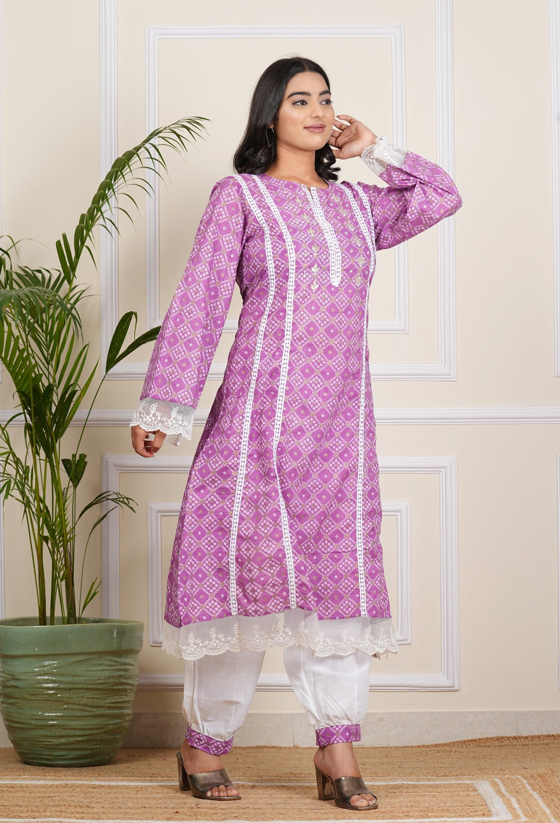 Elegant Light Purple Cotton Kurti Pant Set with Dupatta