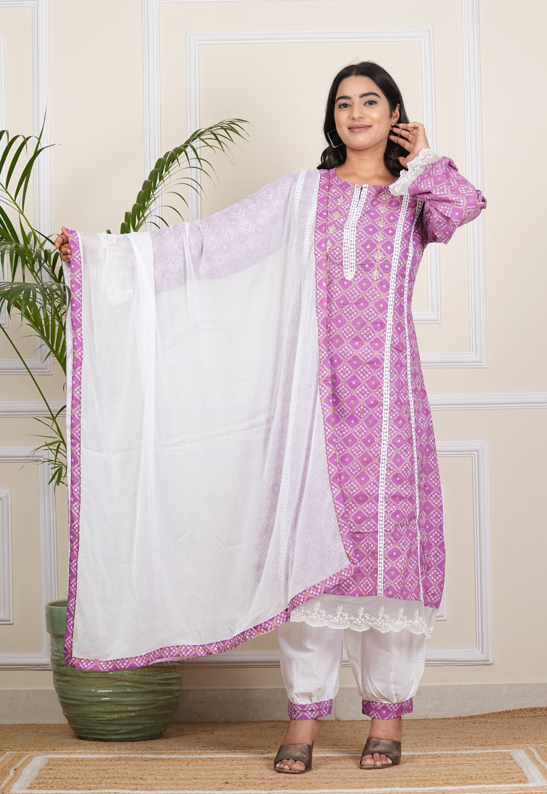 Elegant Light Purple Cotton Kurti Pant Set with Dupatta