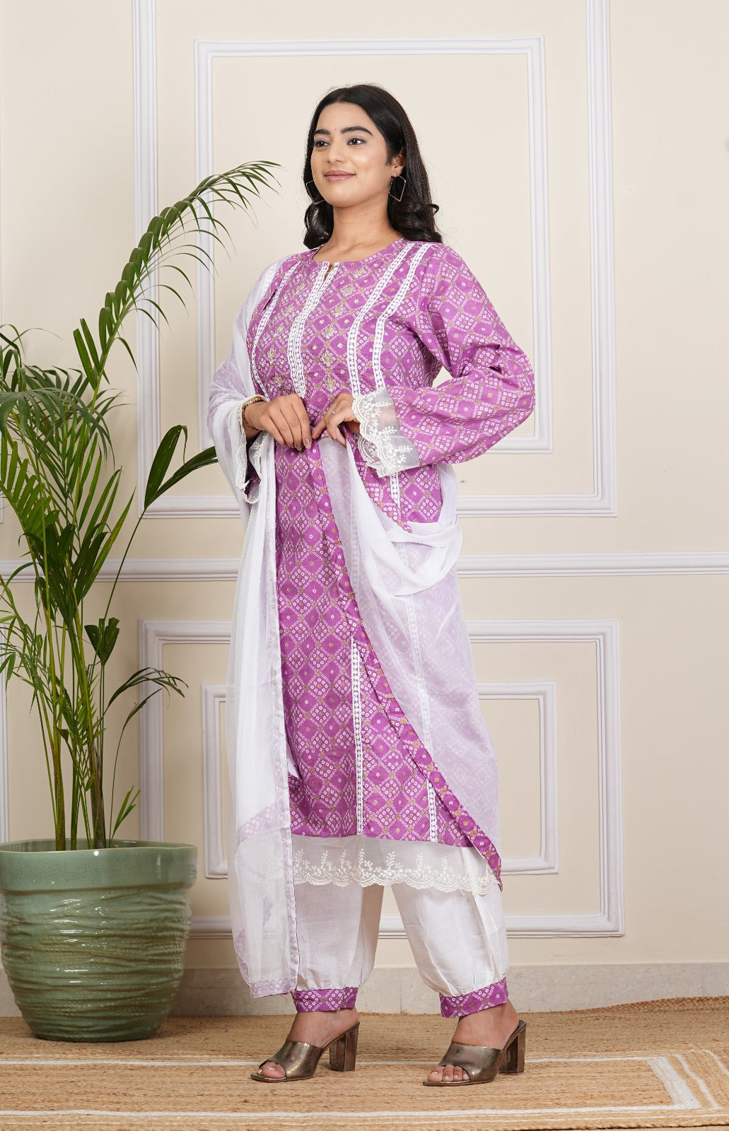 Elegant Light Purple Cotton Kurti Pant Set with Dupatta