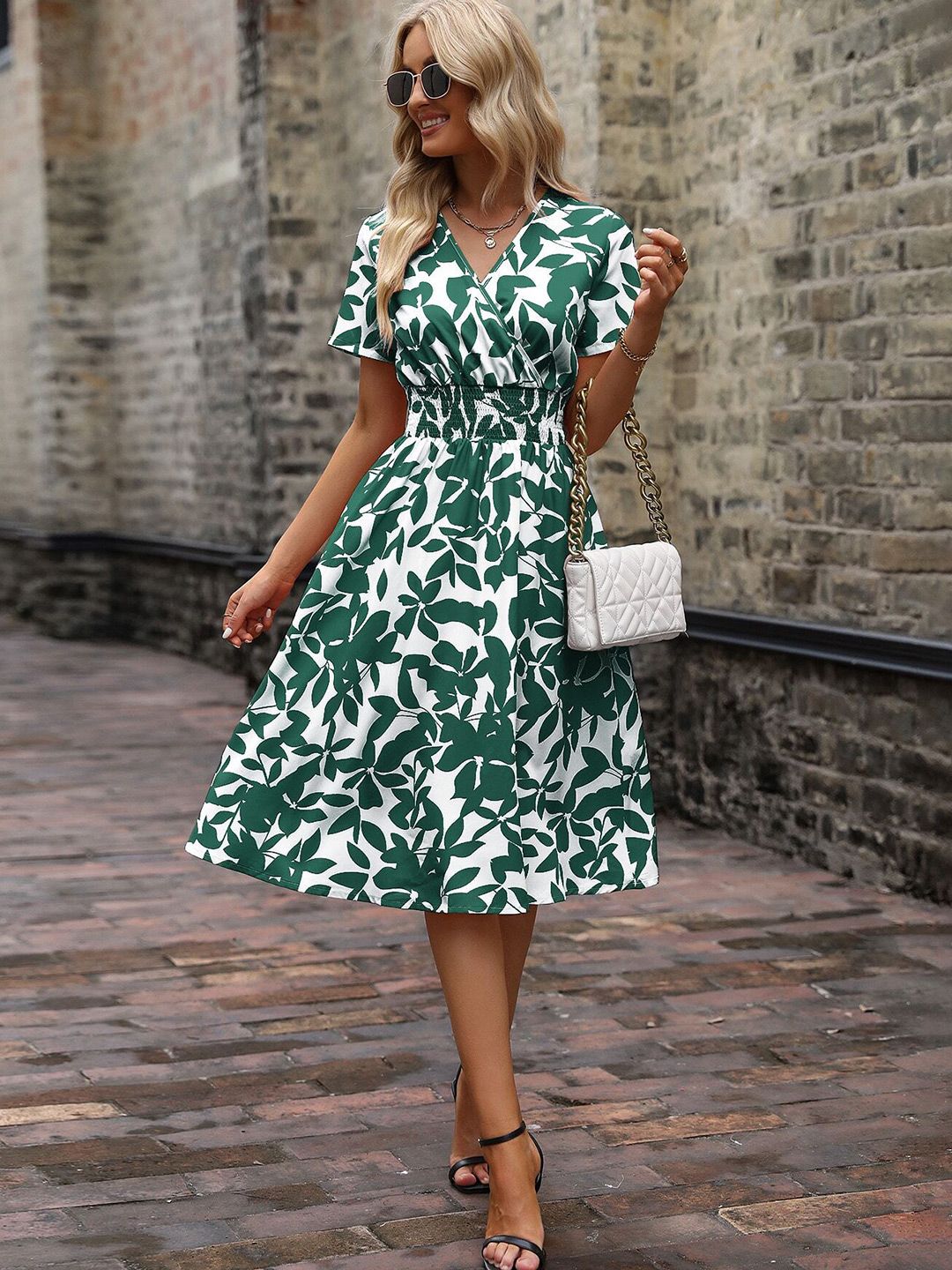 Bellnow Women’s Green & White Leaf Print V-Neck Midi Dress with Short Sleeves & Smocked Waist