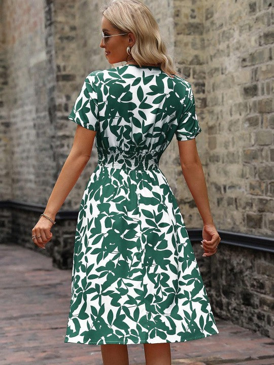 Bellnow Women’s Green & White Leaf Print V-Neck Midi Dress with Short Sleeves & Smocked Waist
