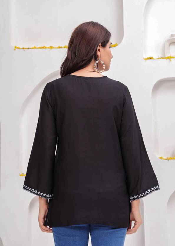 Bellnow Black Embroidered Short Kurti with 3/4th Sleeves