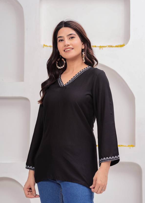 Bellnow Black Embroidered Short Kurti with 3/4th Sleeves