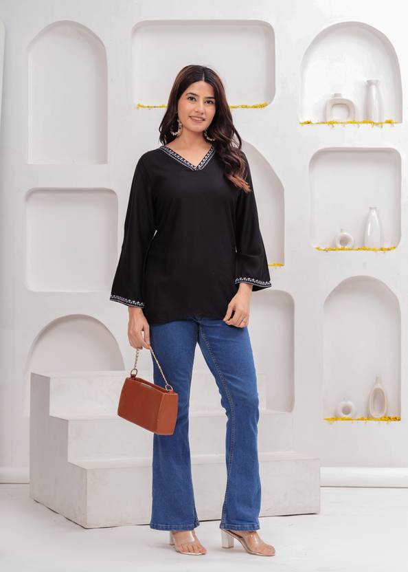 Bellnow Black Embroidered Short Kurti with 3/4th Sleeves