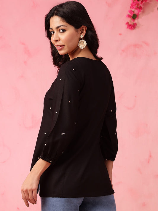 Black Embroidered Short Kurti with 3/4th Sleeves