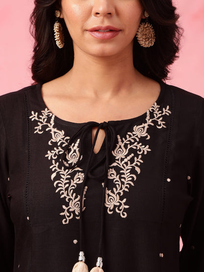 Black Embroidered Short Kurti with 3/4th Sleeves