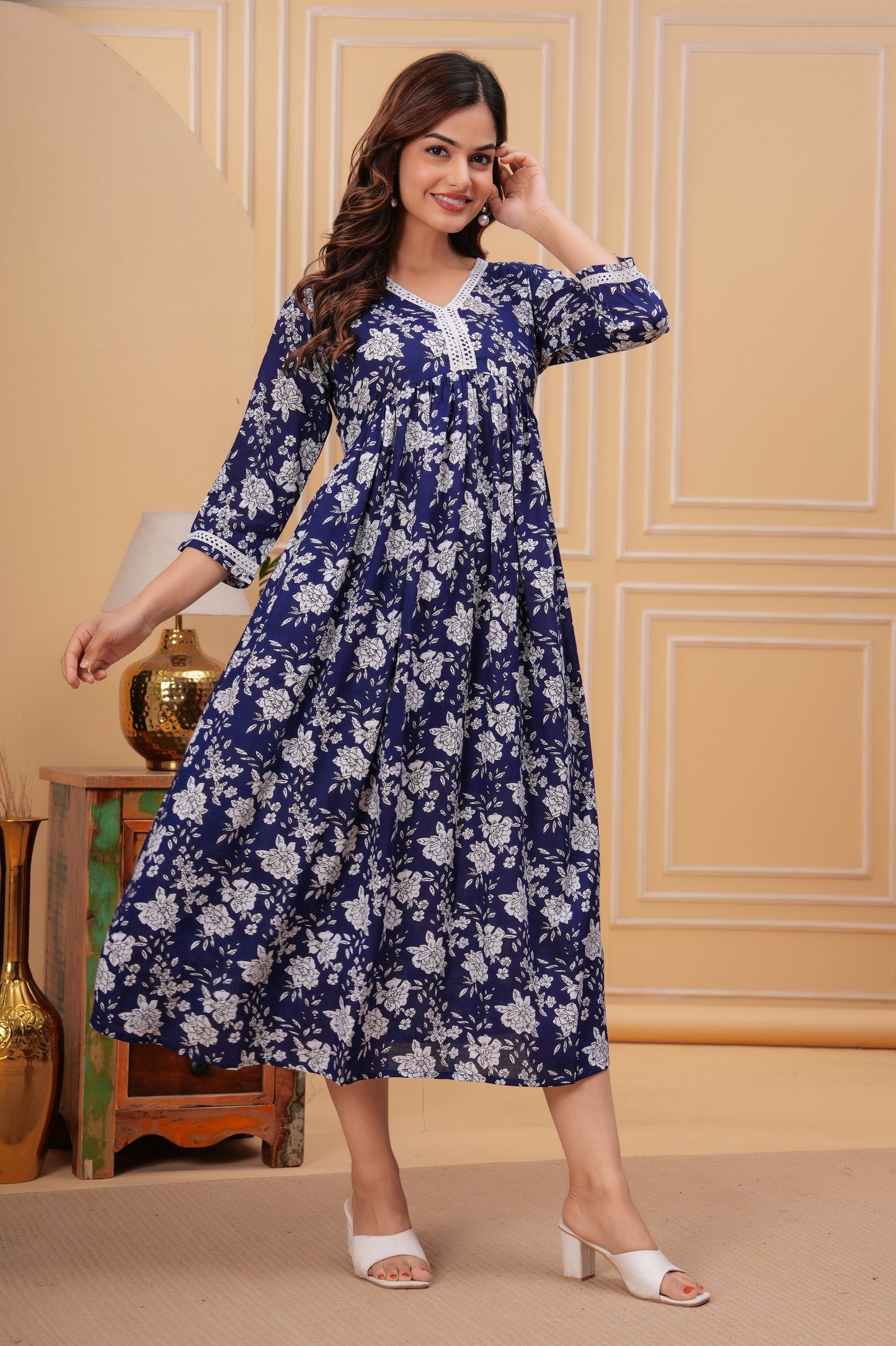 Women Printed Pure Cotton Blue Flared Kurta