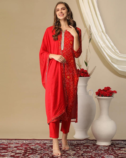 Bandhani Red Kurta Pant With Dupatta Set with Gold Embroidery