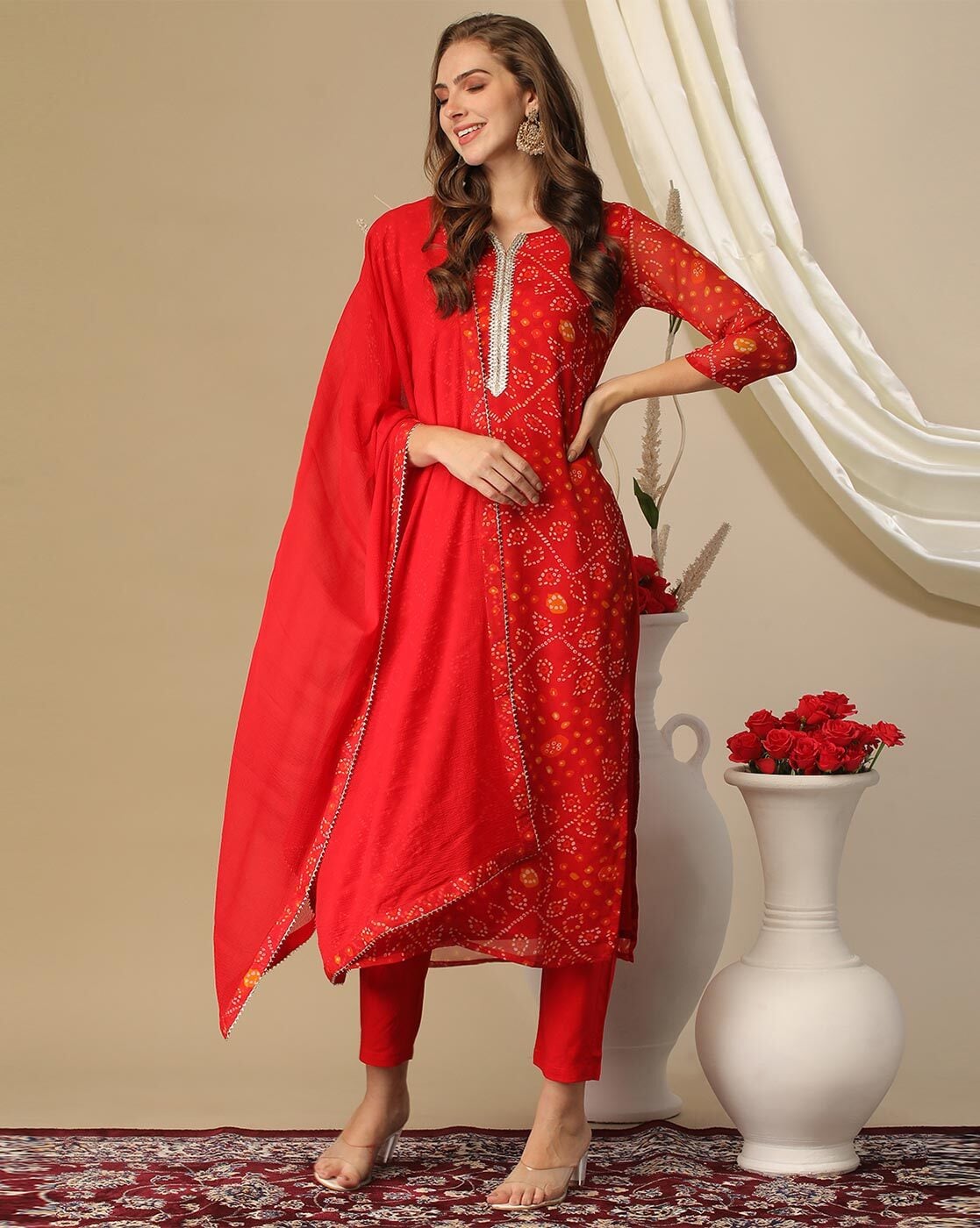 Bandhani Red Kurta Pant With Dupatta Set with Gold Embroidery