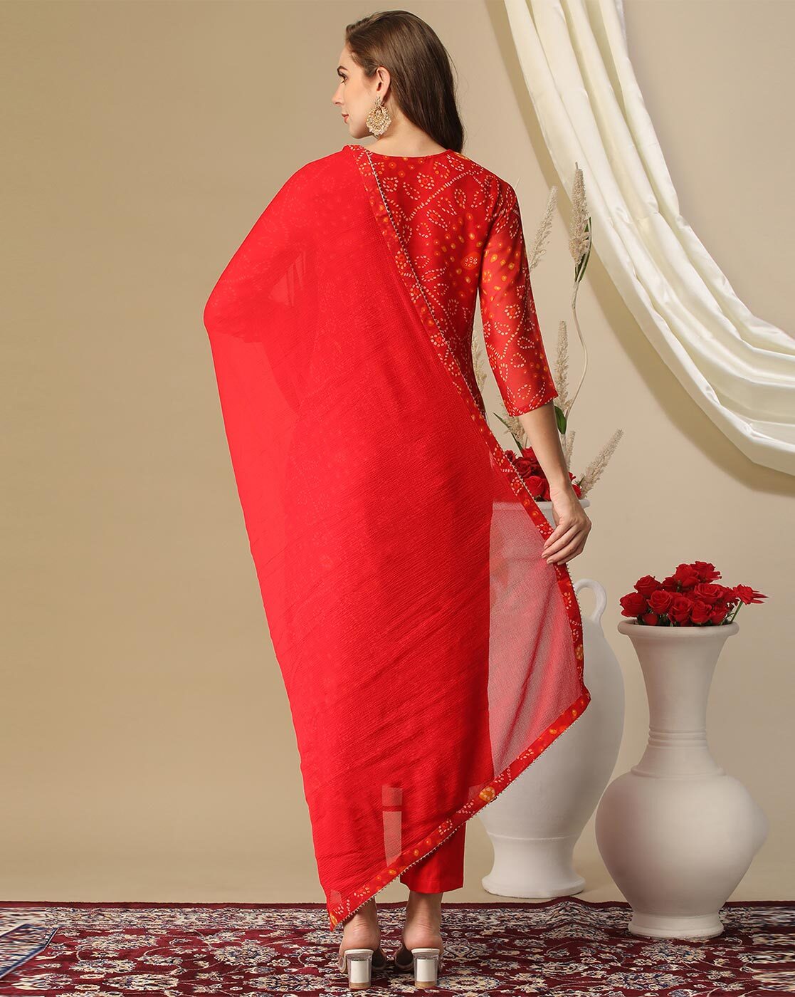 Bandhani Red Kurta Pant With Dupatta Set with Gold Embroidery