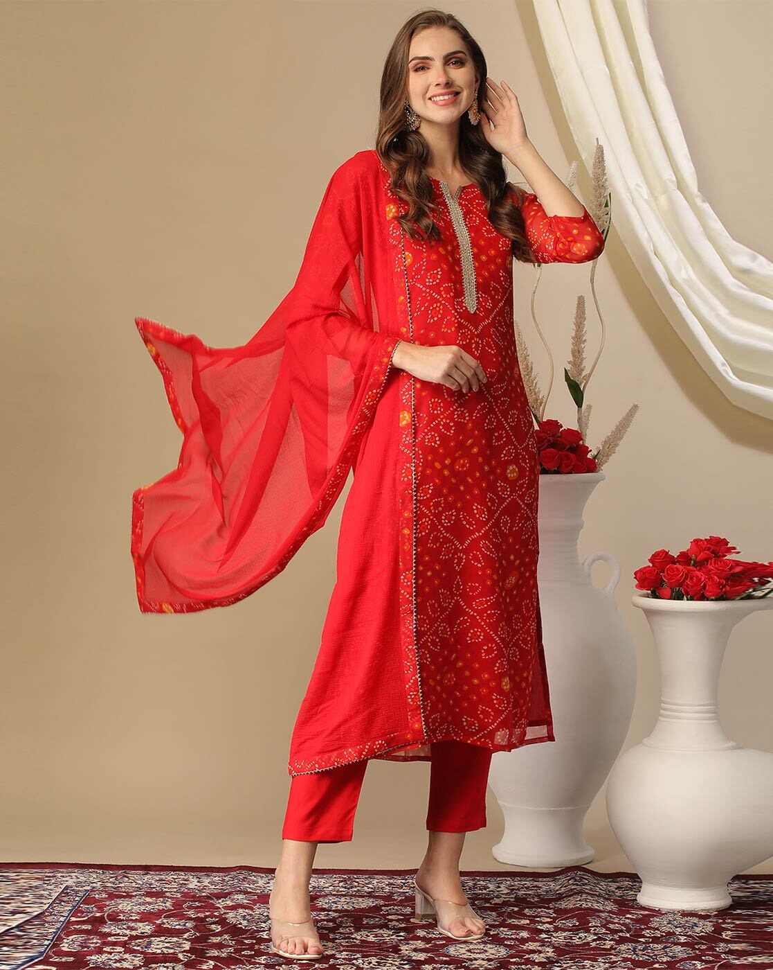 Bandhani Red Kurta Pant With Dupatta Set with Gold Embroidery