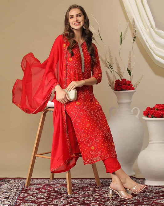 Bandhani Red Kurta Pant With Dupatta Set with Gold Embroidery