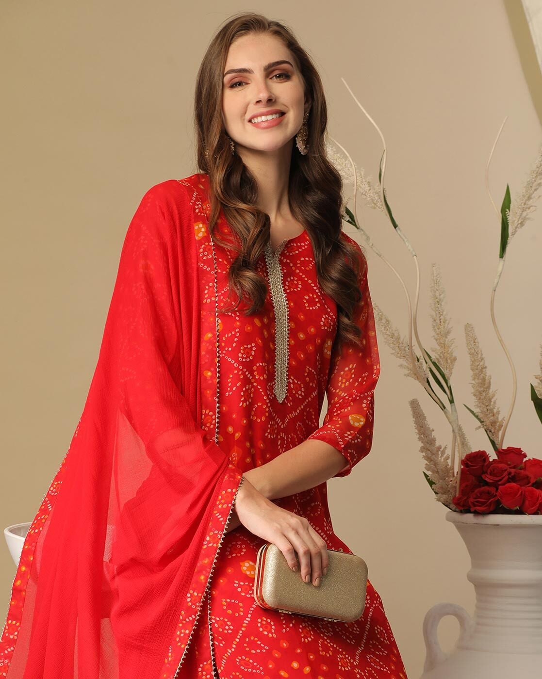 Bandhani Red Kurta Pant With Dupatta Set with Gold Embroidery