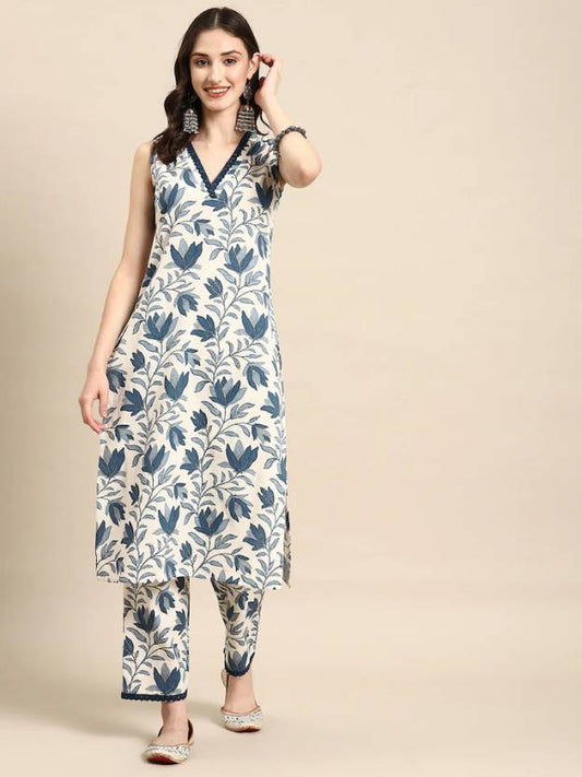 Blue Floral Sleeveless Kurti Set