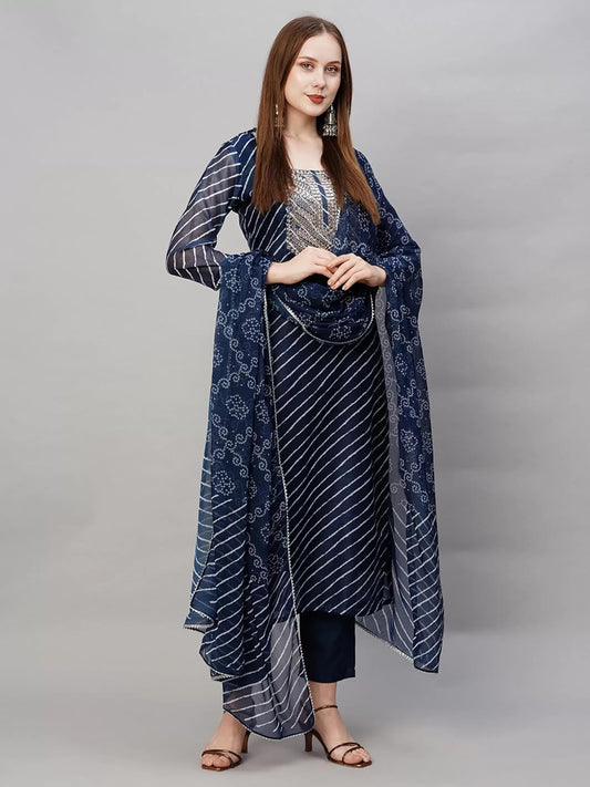 Cotton Blend Kurta Pant Dupatta Set