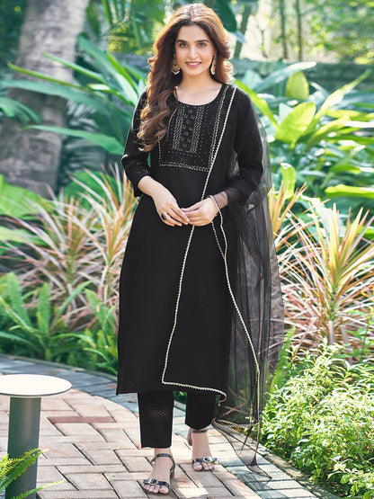 Floral Yoke Design Regular Sequinned Round Neck Kurta Pant With Dupatta Set