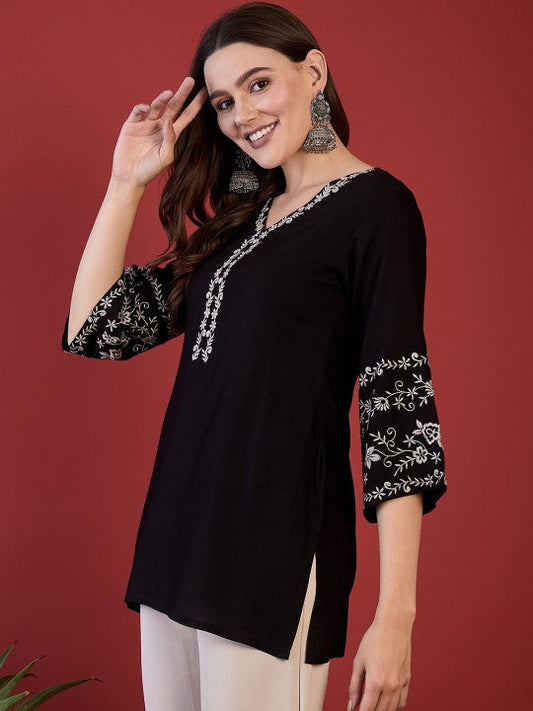 Black Embroidered Short Kurti with 3/4th Sleeves