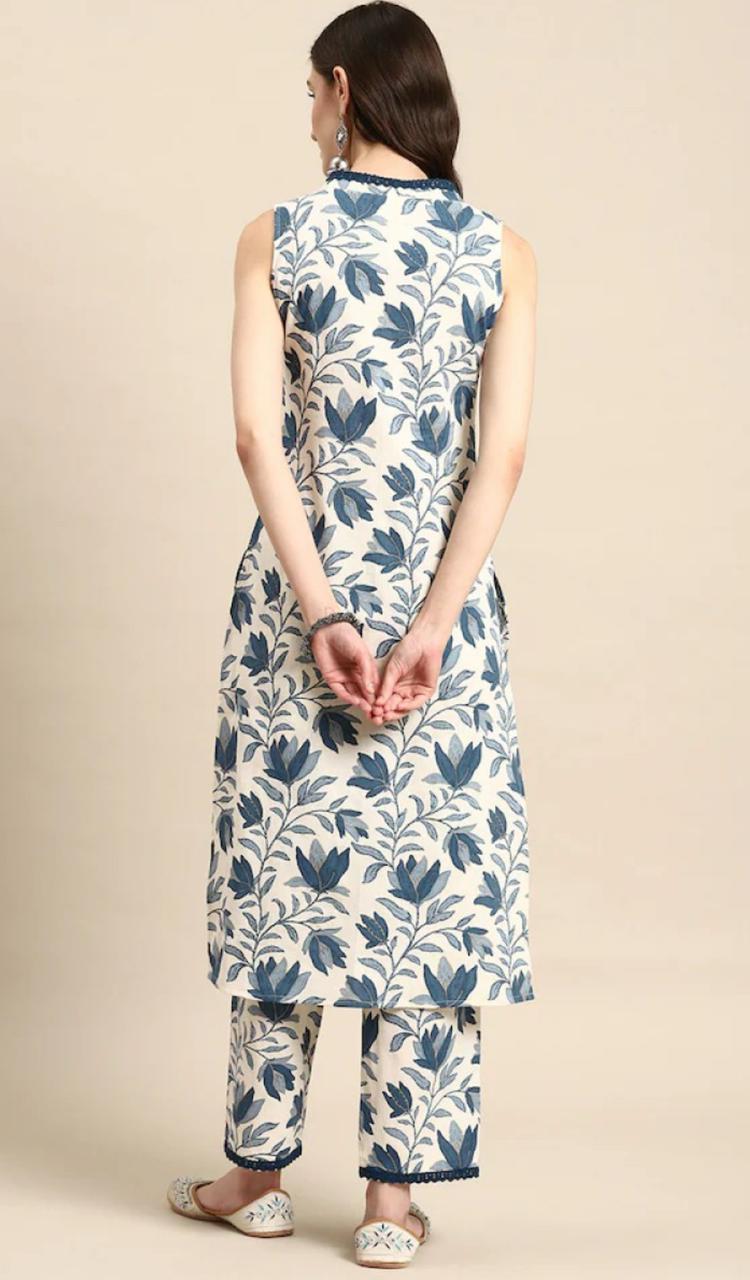 Blue Floral Sleeveless Kurti Set