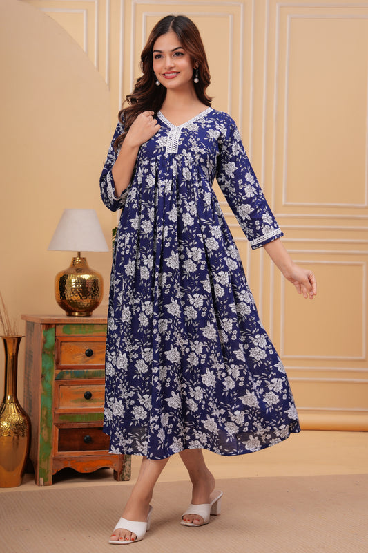 Women Printed Pure Cotton Blue Flared Kurta