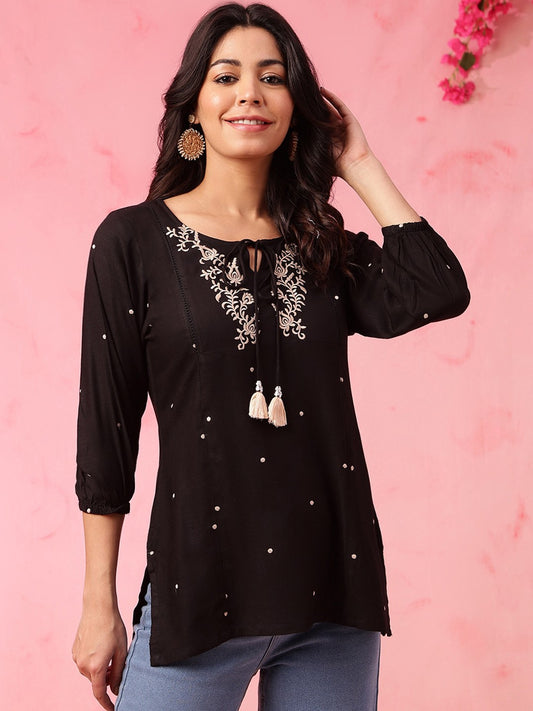 Black Embroidered Short Kurti with 3/4th Sleeves