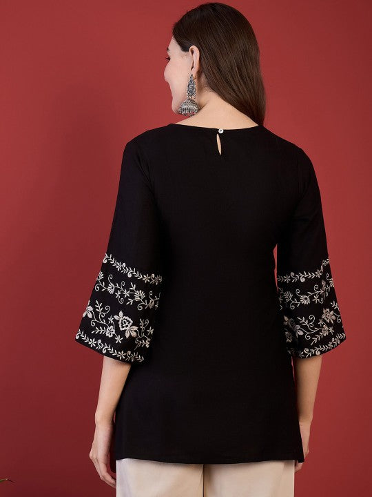 Black Embroidered Short Kurti with 3/4th Sleeves