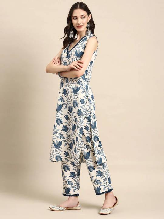 Blue Floral Sleeveless Kurti Set