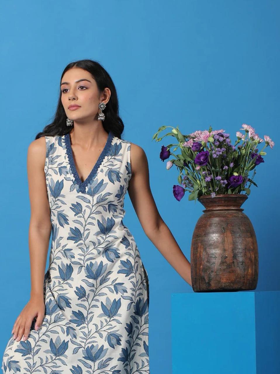 Blue Floral Sleeveless Kurti Set