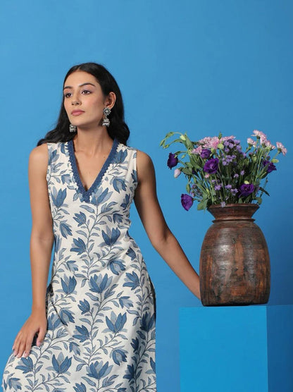 Blue Floral Sleeveless Kurti Set